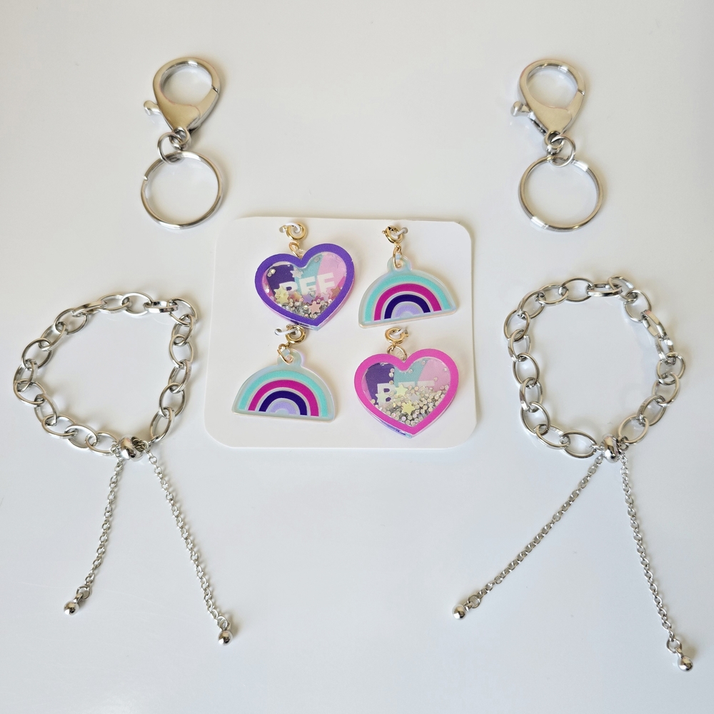 👭🌈Colorful BFF Keychain and‎ Silver  Chain Non-tarnish Bracelets Set
